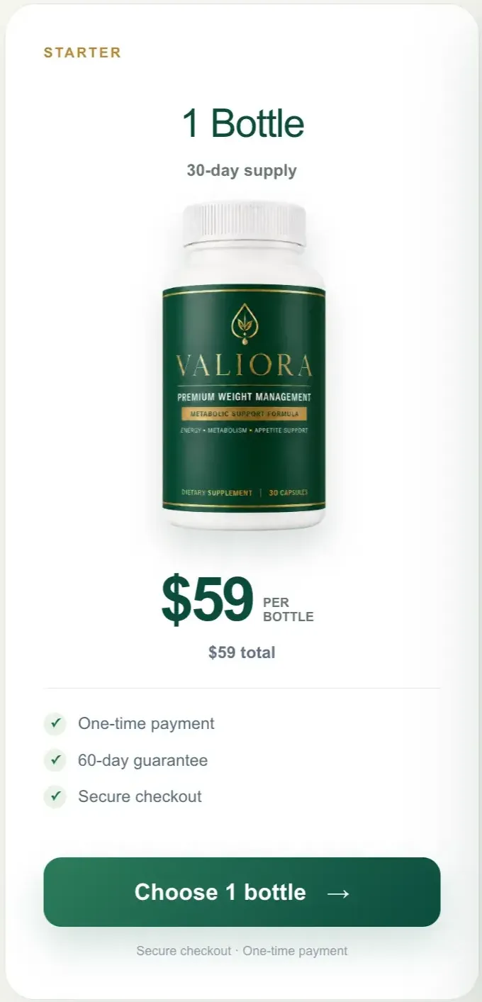 Valiora 1 bottle starter option — 30-day supply of the once-daily metabolism support capsule