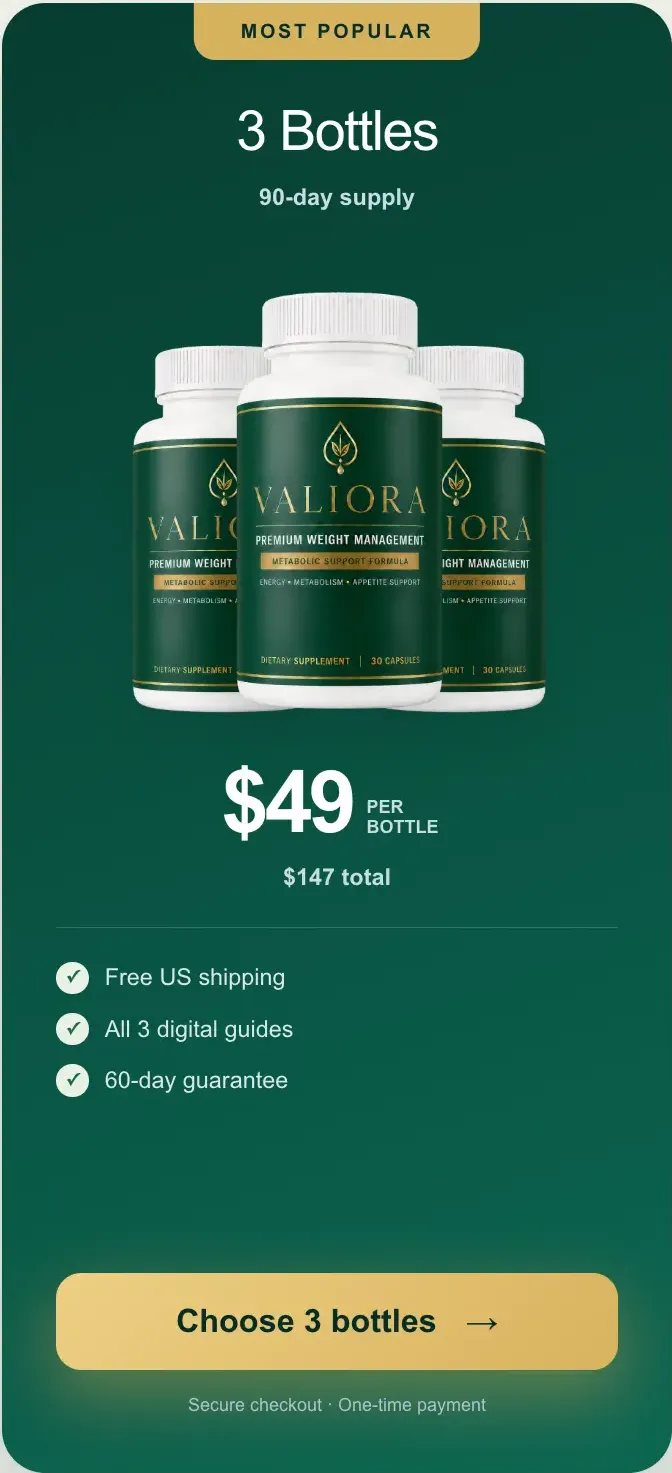 Valiora 3 bottle popular pick — 90-day supply plus free US shipping and 3 bonus guides
