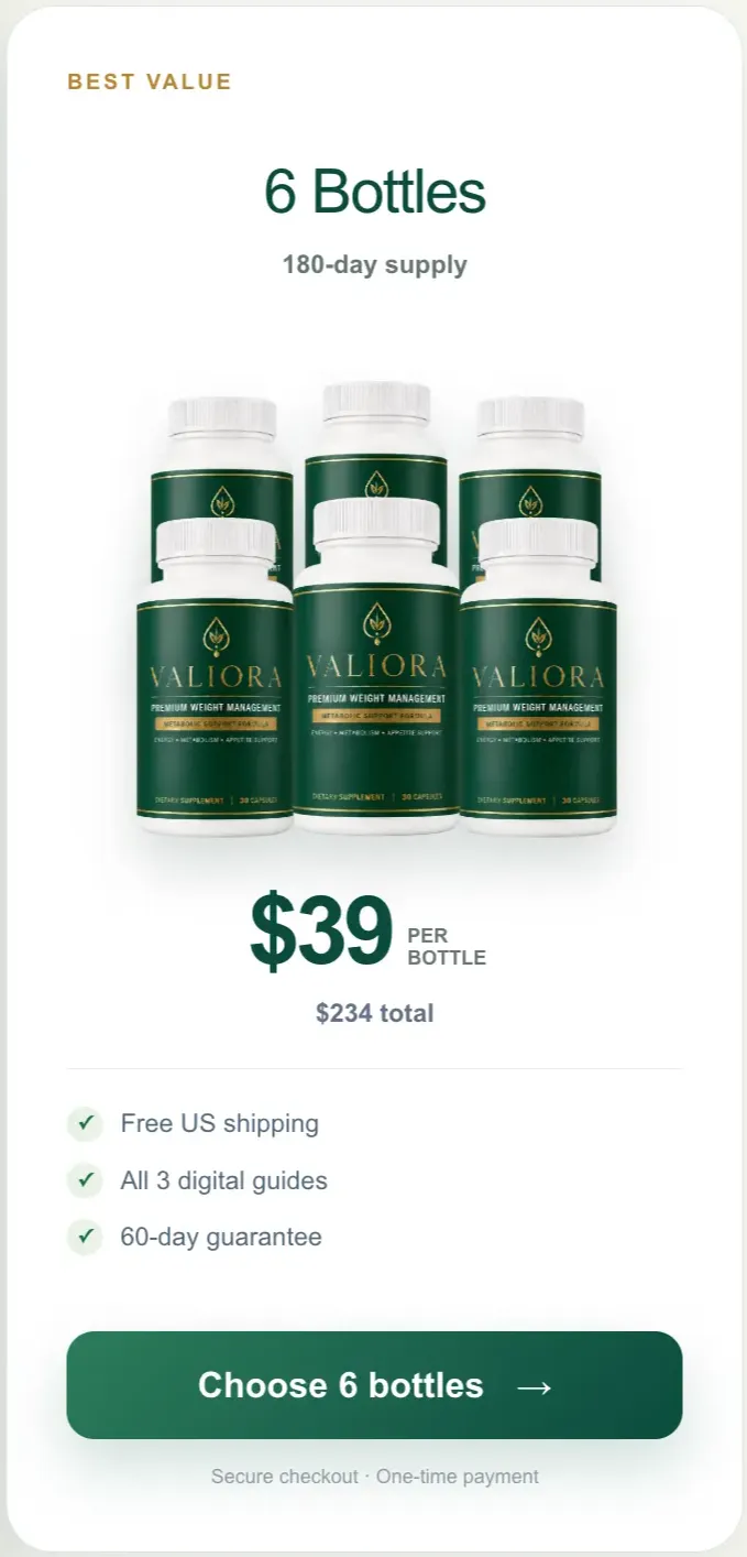 Valiora 6 bottle top value — 180-day supply plus free US shipping and 3 bonus guides